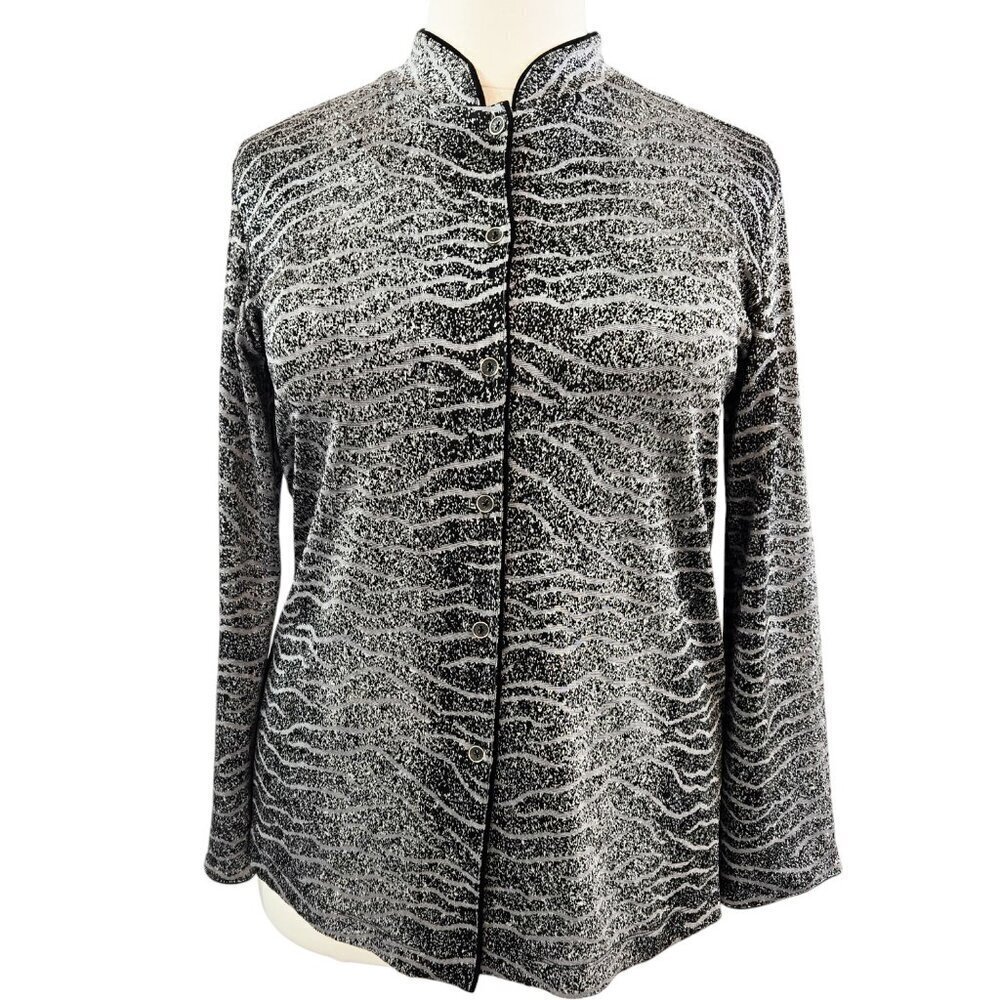 Vintage Chico's Travelers Black Gray Abstract Wavy Zebra Slinky Knit Jacket